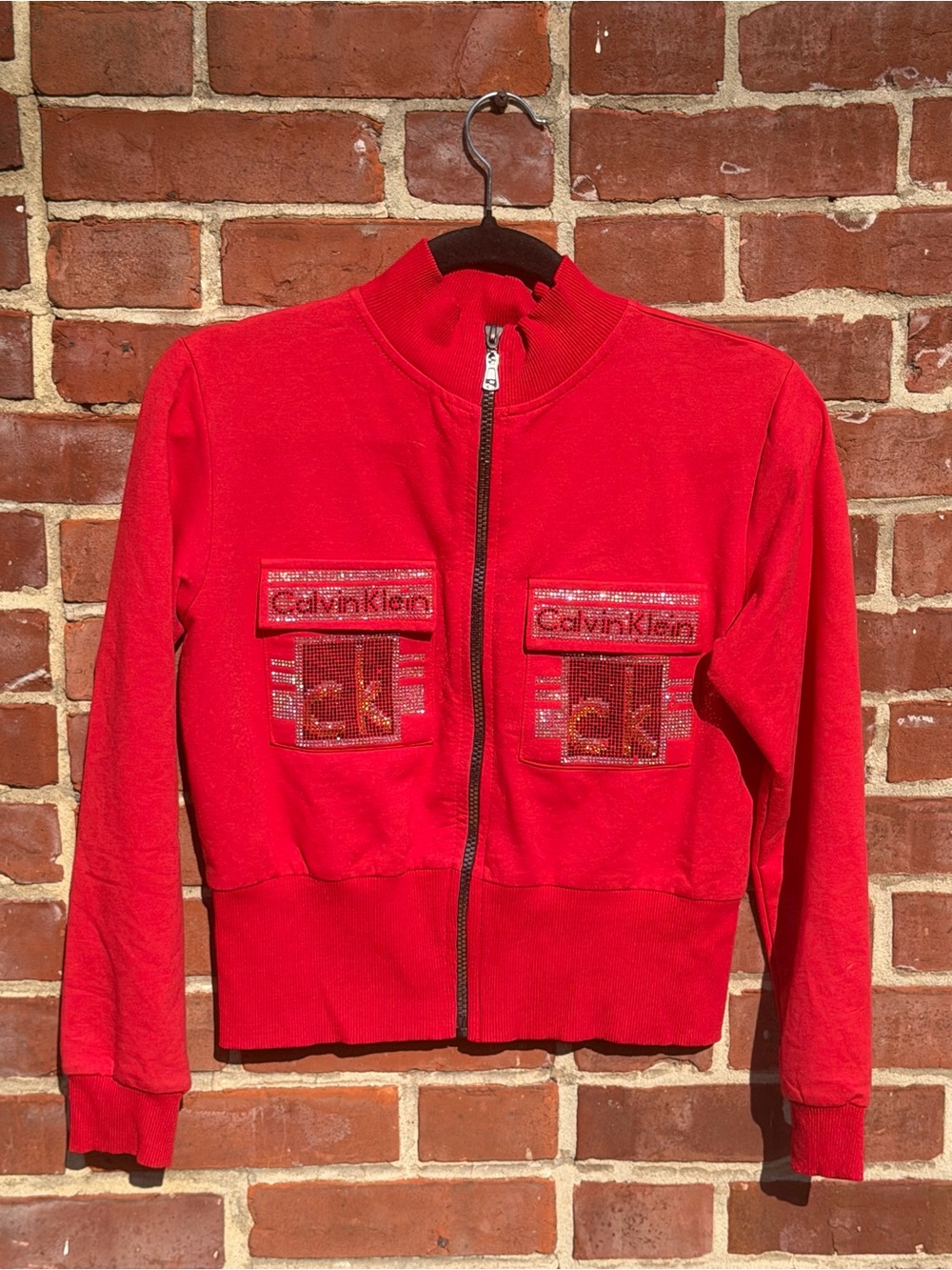 Calvin Klein Bright Red Crystal Logo Zip Jacket